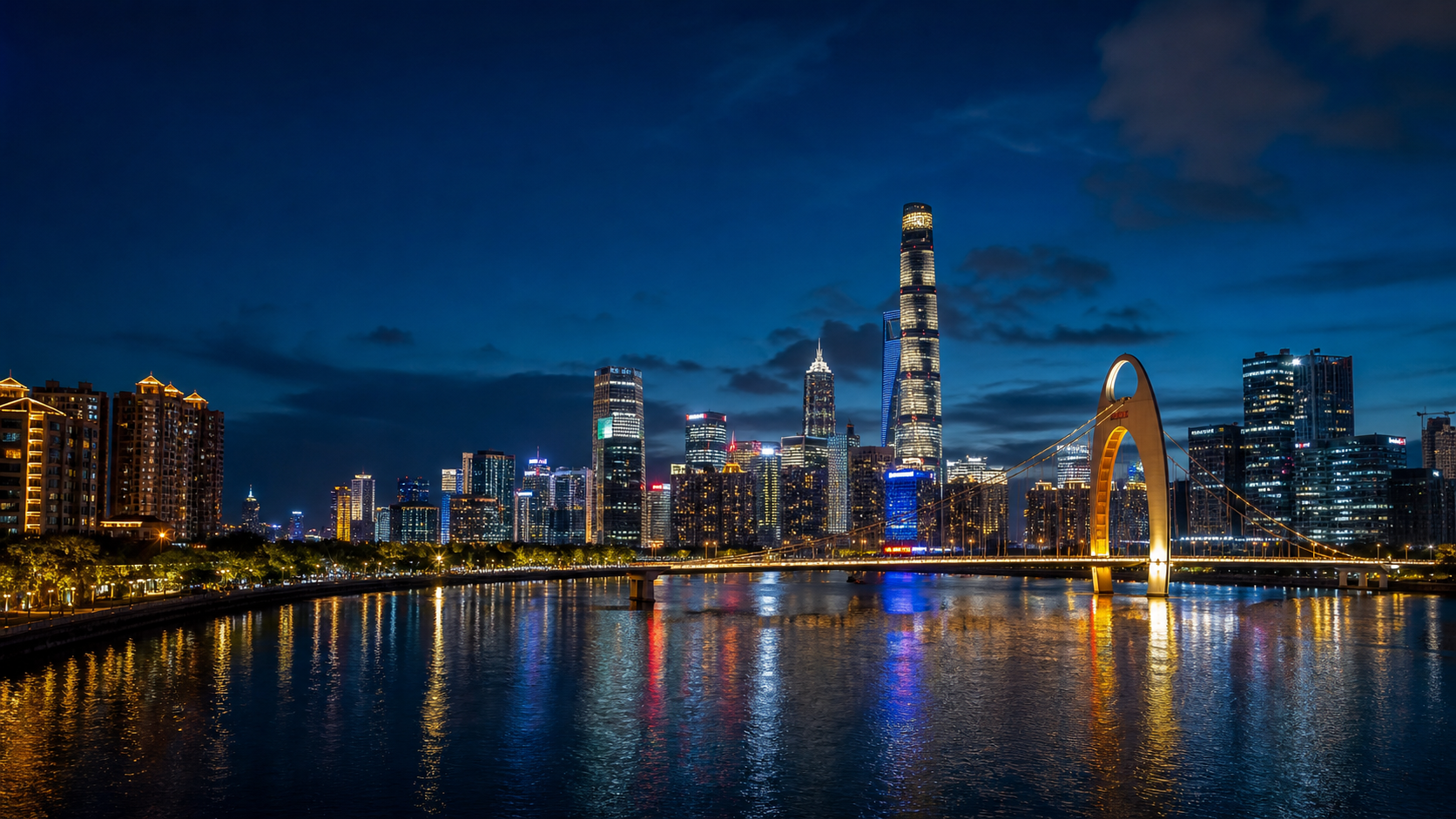 China city skyline and river lights at night